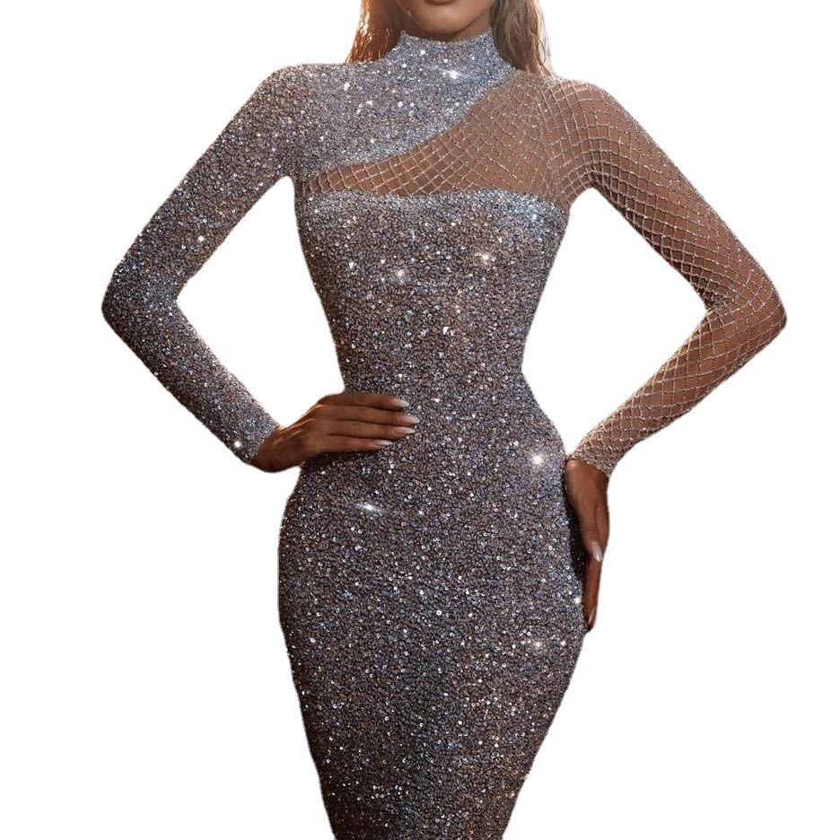 2023 new independent stand hollow strapless dress European and American round neck slim fit S-shaped sequined dress