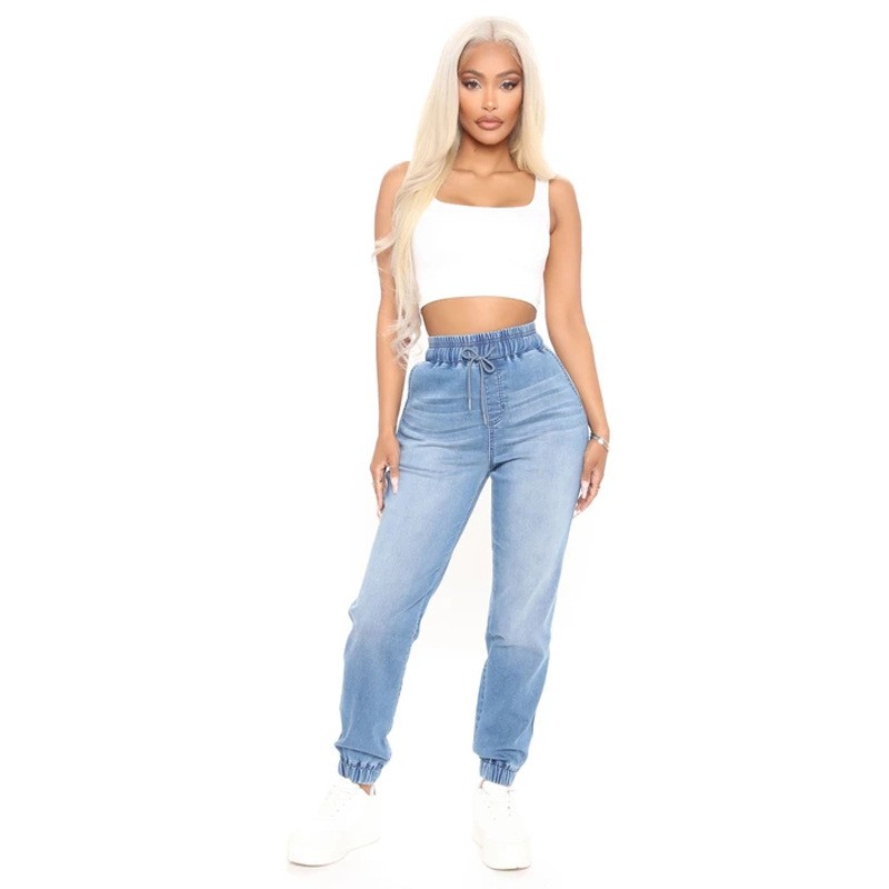 New style street trendy washed harem bunched feet nine points women's jeans light-colored high-waisted denim