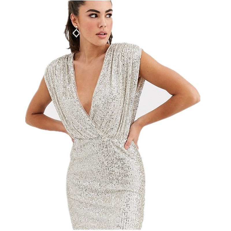European and American style cross-border sequins sexy deep V-neck backless dress female slim dress skirt