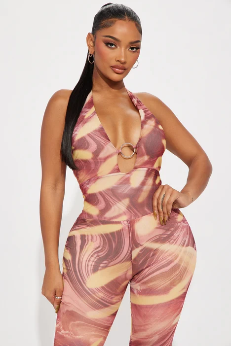 Tone It Down Mesh Jumpsuit - Rust/combo