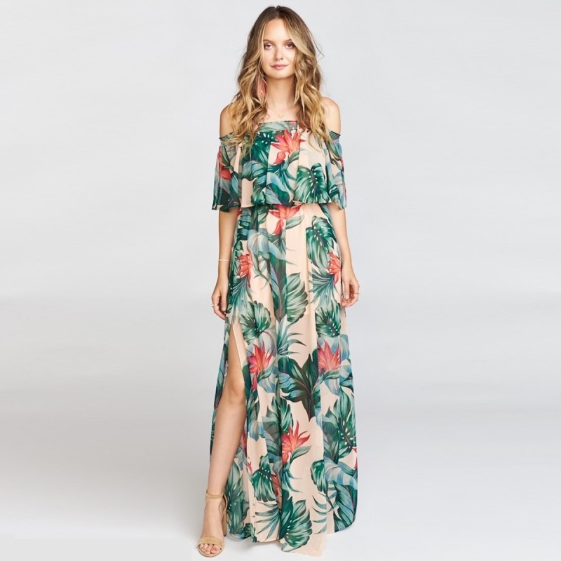European and American vacation beach wind tropical rainforest print long dress summer beach skirt