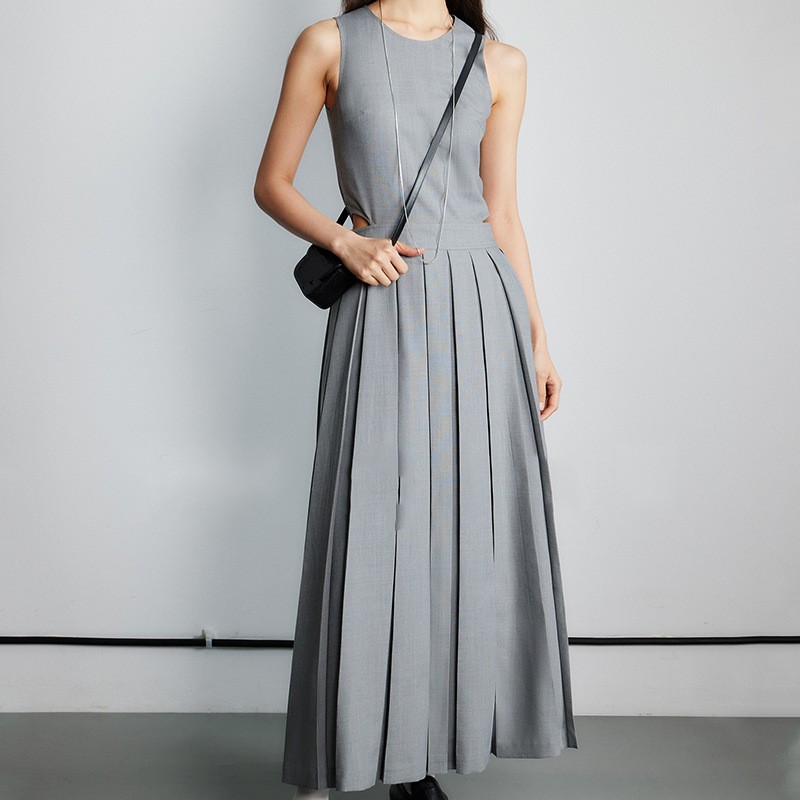 Australian merino mixed-color wool hollow-out waist thin paper popular pleated dress