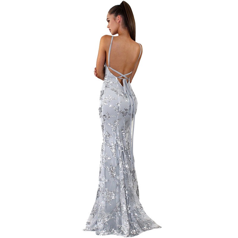 2023 new European and American women's ebay dress suspenders V-neck halter back sequin tie dress