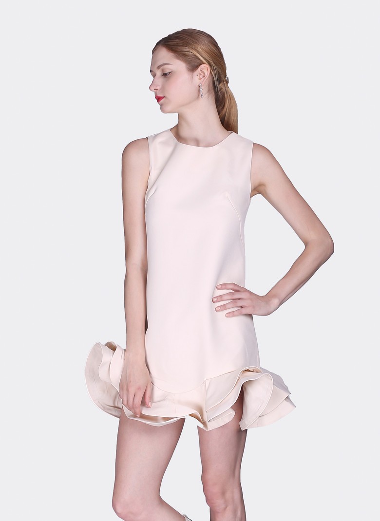 New European Station Nude Color Sweet Ladies Straight A Slim Round Neck Sleeveless Dress