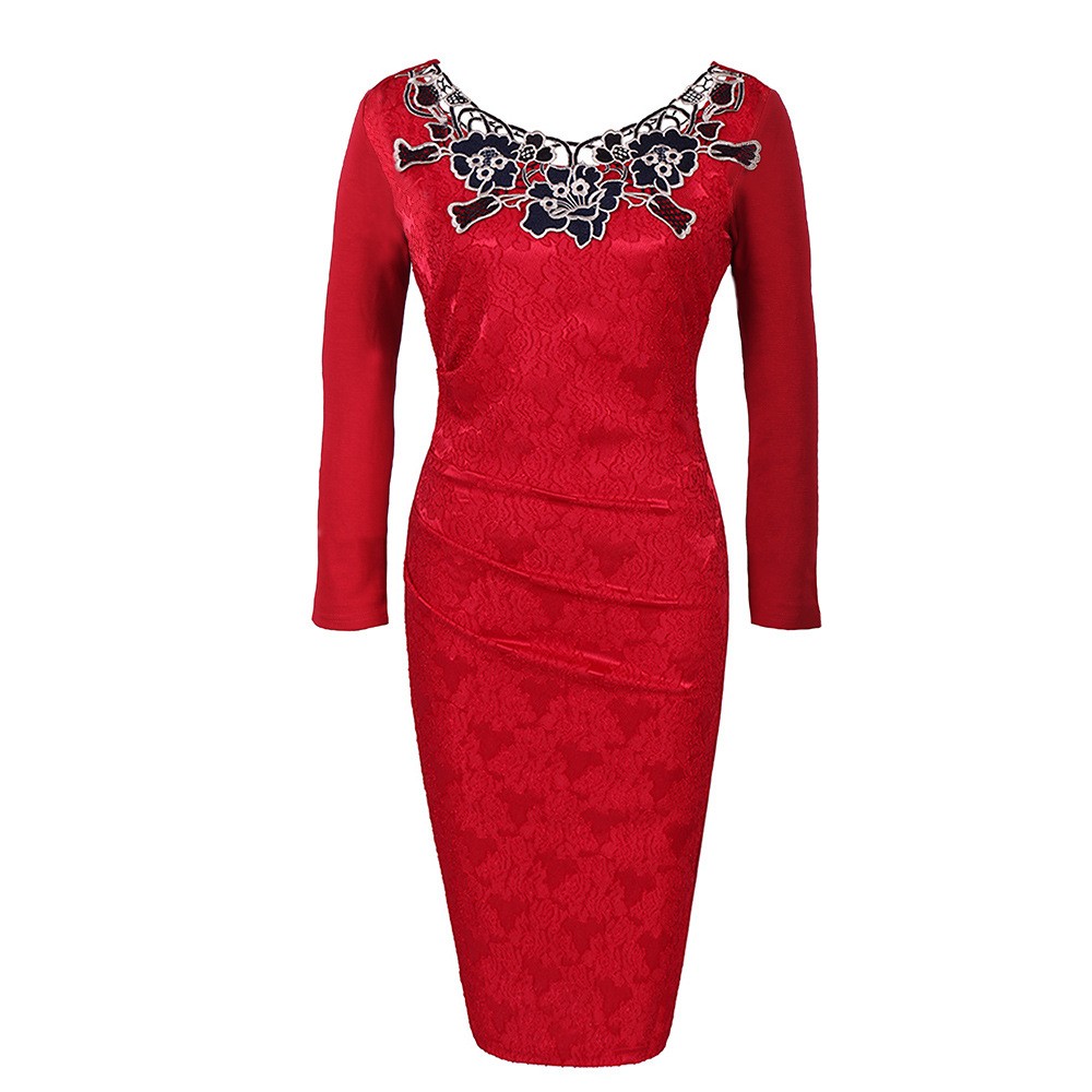 2023 Independent Station Hot Selling Long Sleeve Embroidered Lace Dress Slim Dress