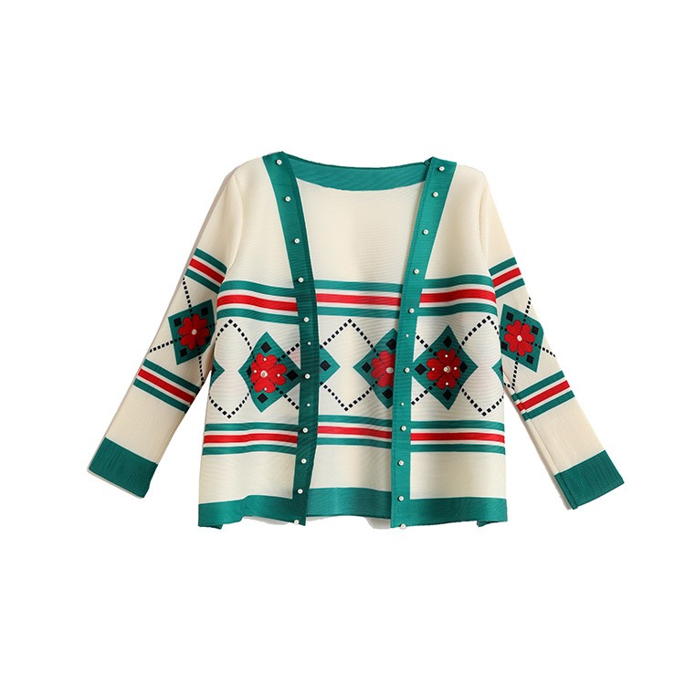 Short Coat Women's Early Autumn Pleated Window Flower Print Shawl Mom Pin Bead Long Sleeve Overlay Three House Cardigan