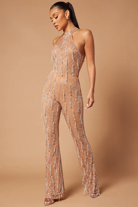 Carmella Embellished Jumpsuit - Nude
