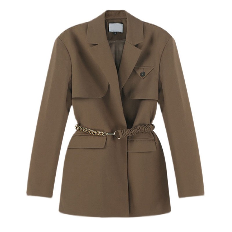 Han style chic small Blazer for women 2023 autumn coffee color suit top (with belt)