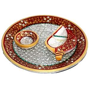 Indian Hand Crafted White Marble Handicraft Pooja Thali Home Decorative Item Marble Plate Temple Decorative Items Luxury Decor