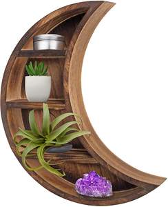 Rustic Wood Moon Storage Display Shelf Wooden Moon Wall Mount Floating Shelf for Home Decor
