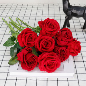 Factory Direct Flocking Silk Rose Branch For Home Decoration High Simulation Artificial Velvet Rose flowers Stem