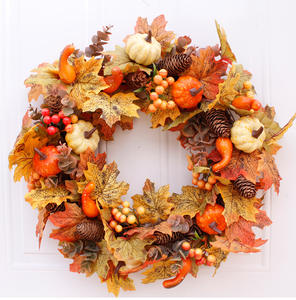 Autumn Theme Door Wreath Artificial Pumpkin Berries Pine Cone Maple Manmade Garland Cloth Rattan Material Home Decoration