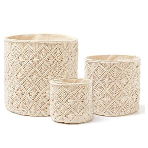 Hand-woven cotton wire beige trash can plant clothing bohemian woven cotton-print storage bucket Home decoration