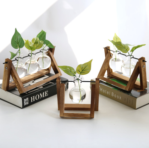 Ins wooden frame hydroponic green plant container decoration dry flower glass vase tabletop decoration home decoration