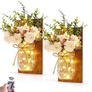2 Set Rustic Wall Sconces Mason Jar Wall Art Hanging Design Home Decor with Remote Control LED Fairy Lights for Wall Decoration