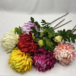 Home decoration artificial round chrysanthemum flower silk fabric single stem chrysanthemum flower with 1bud