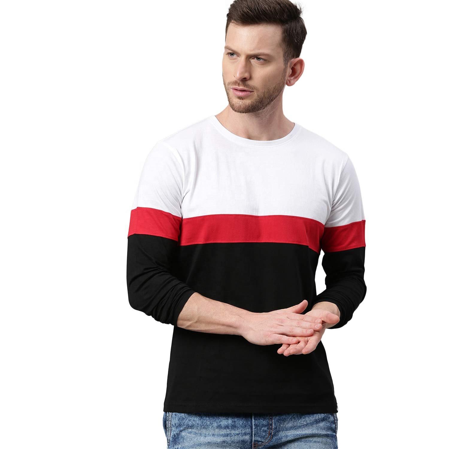Street wear Man Clothes Fashion Men's Colour Block Slim Fit Full Sleeve T-Shirt Polyester Half Sleeves Sports Casual T-Shirt