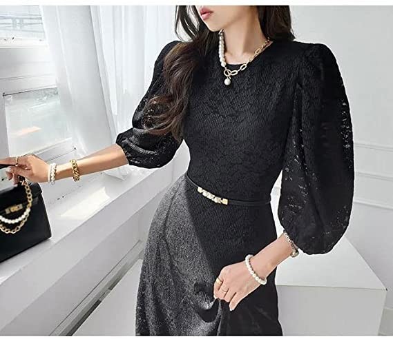 Lace Dress Autumn and Winter Korean Style Temperament Waist Three-Quarter Sleeves Long Skirt Women's Clothing
