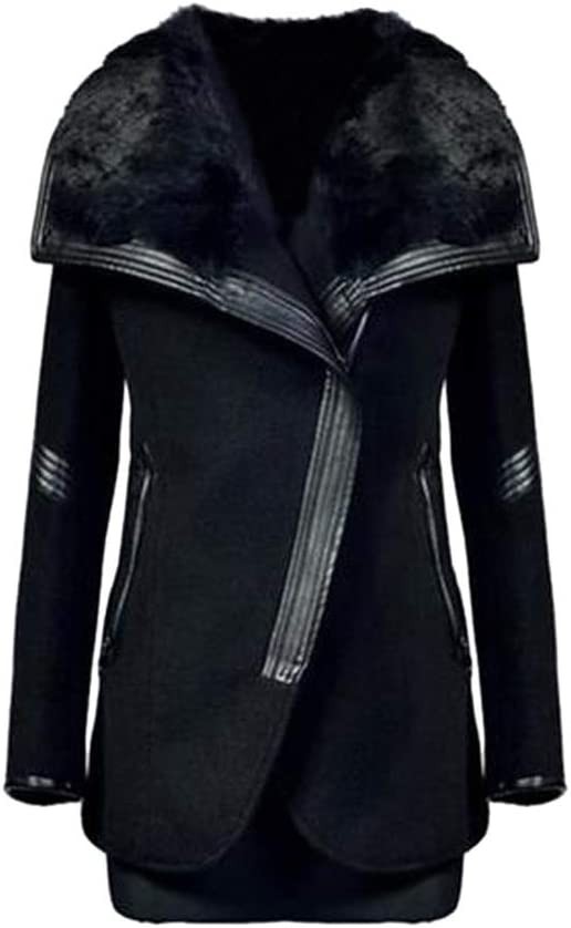 YCZDG Women Winter Long Sleeve Casual Solid Turn-Down Collar Black Pocket Slim Overcoat Zipper Coat Thick Warm Outerwear