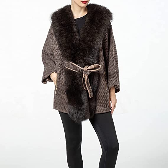 Womens Wool Coat with Natural Fox Fur Collar with Belt 2022 with Bat Sleeve Casual