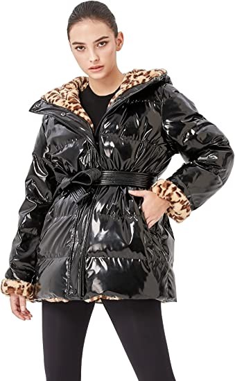 OFF THE DOOR Women's Leopard Reversible Hooded Goose Down Winter Coat with Waist Strap