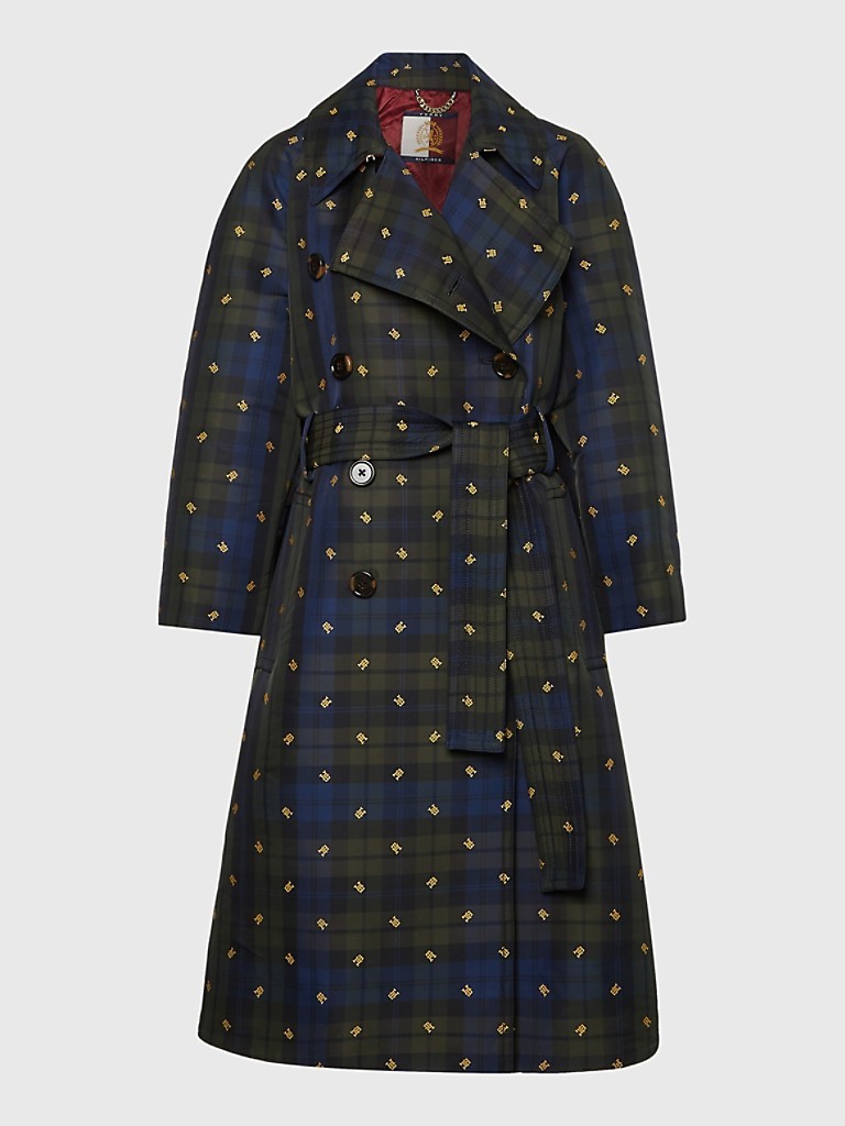 TH MONOGRAM BLACK WATCH TARTAN OVERSIZED TRENCH COAT
