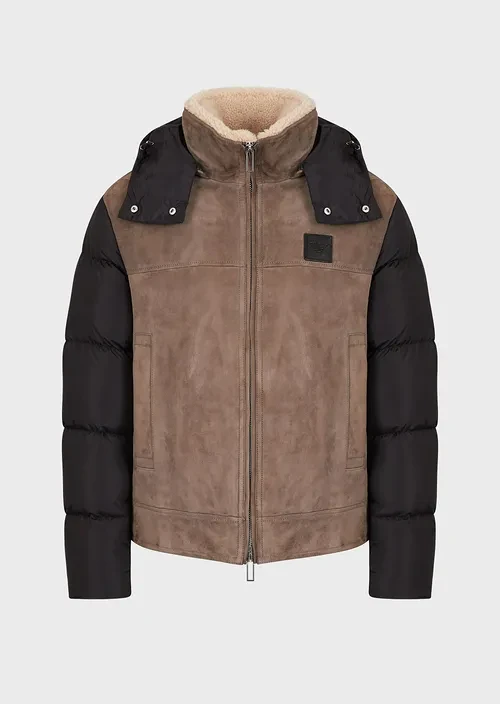 Hooded suede and down jacket