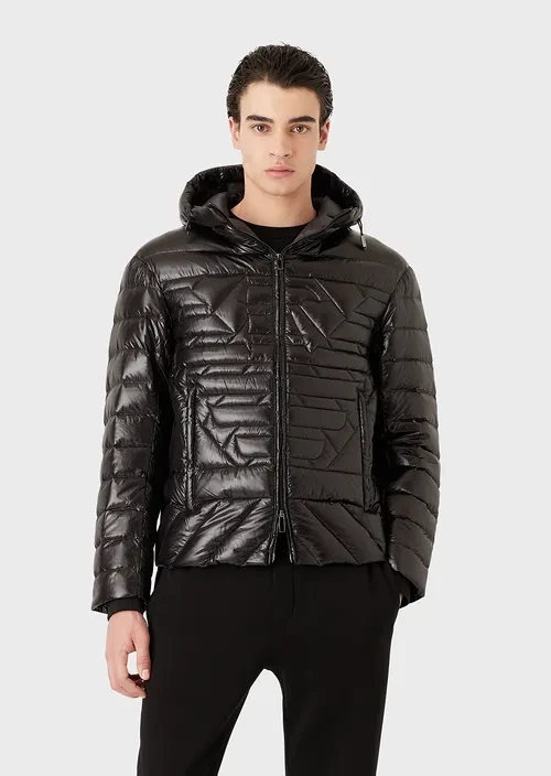 Water-repellent nylon hooded puffer jacket with quilted eagle