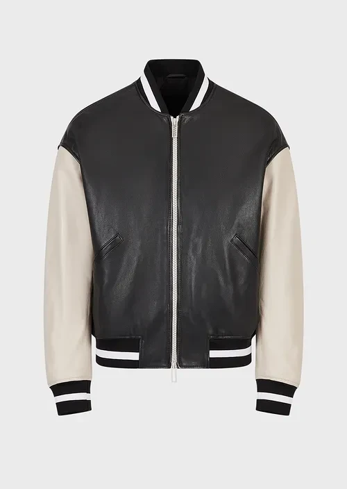 Two-toned nappa-leather bomber jacket with logo embroidery
