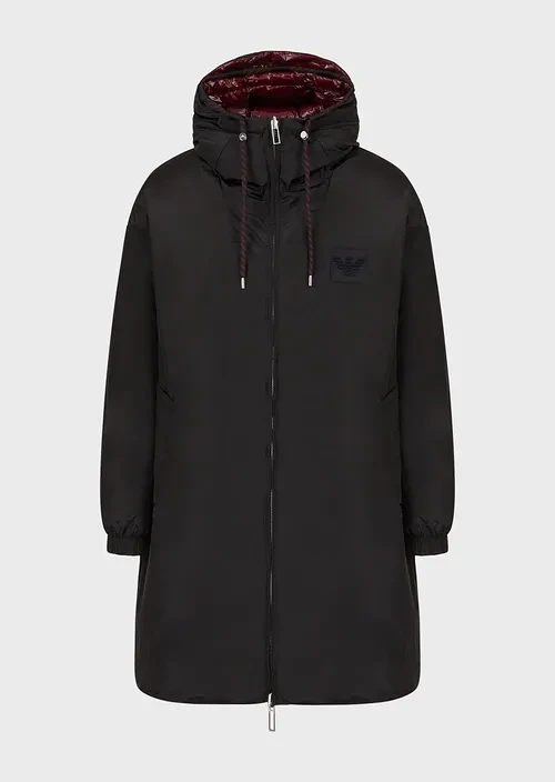 Nylon reversible hooded 3/4-length puffer jacket