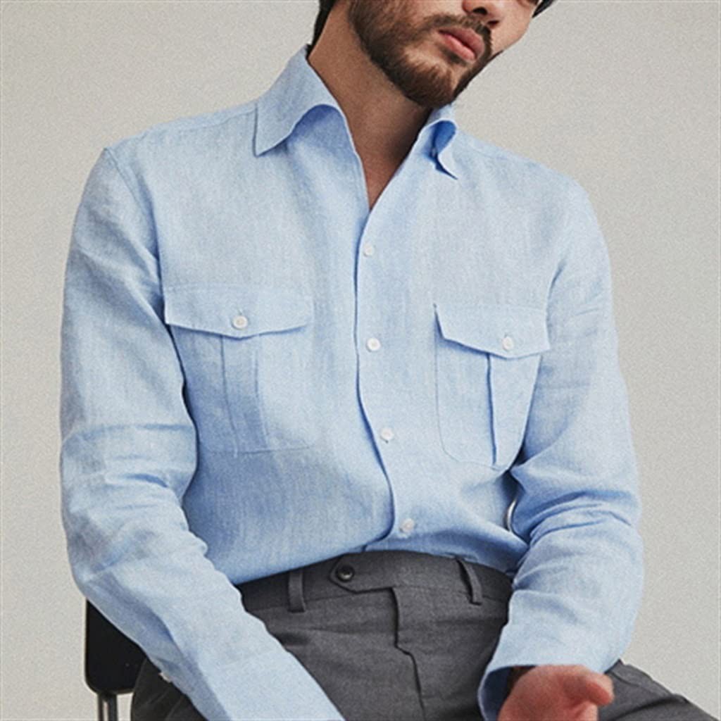 YKBTP Blue Linen Long Sleeve Shirt Men's One Collar Business Slim Fit Casual Slim Shirt (Color : Blue, Size : 44 Code)