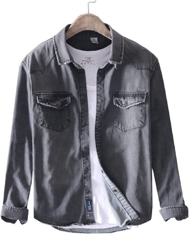 WSJIE Man Denim Shirt Spring Autumn Long Sleeve Male Retro Vintage Pocket Black Men Jean Casual Cowboy Shirts (Color : B, Size : L Code)