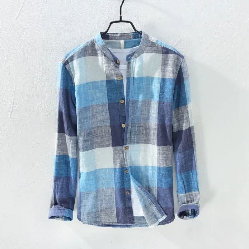 JHHDP Men Casual Shirt 55% Linen 45% Cotton Breathable Blue Long Sleeve Plaid Man Shirts (Color : A, Size : XL Code)