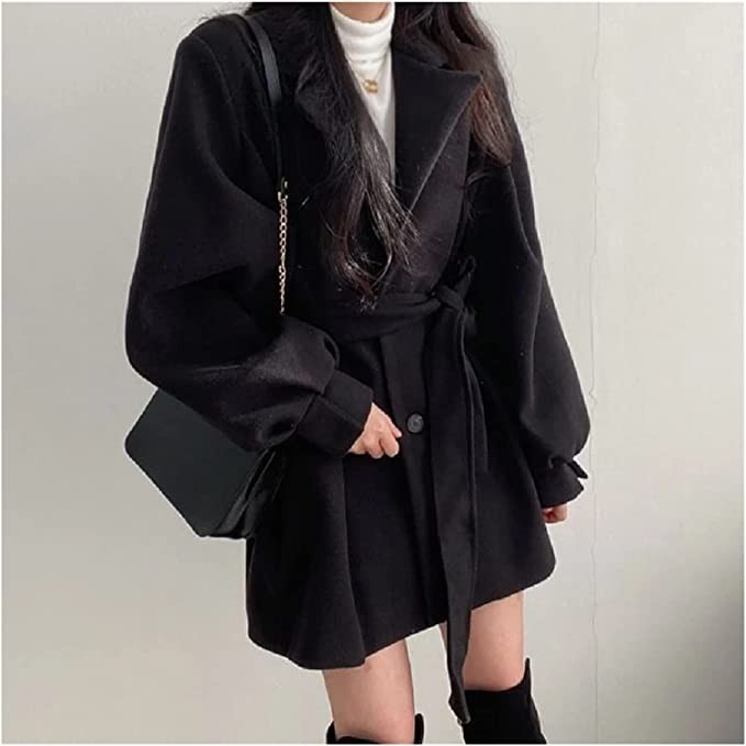 Winter Women Woolen Jacket Turn Down Collar Cotton Belt Tunic Coat Causal Solid Long Sleeve Clothes