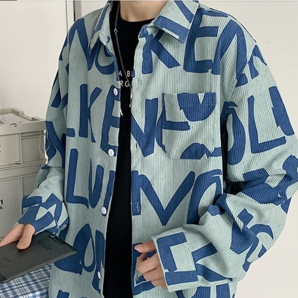 YKBTP Korean Men's Long Sleeve Corduroy Casual Blouses Top Letter Printed Streetwear Man Shirts (Color : A, Size : XXL Code)