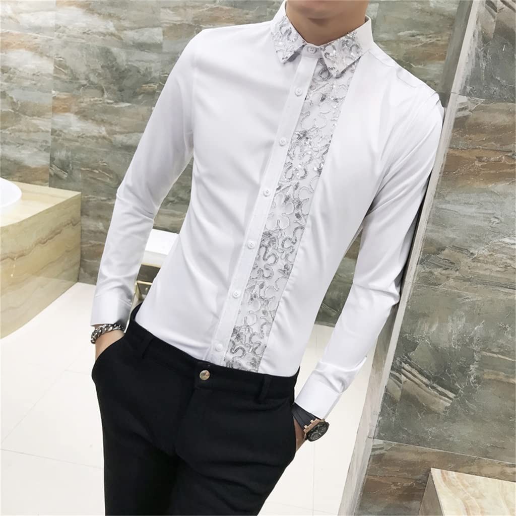 YKBTP Shirt Men Lace Patchwork Long Sleeve Slim Fit Tuxedo Shirt Casual Solid Hairstylist Work Shirts for Men (Color : White, Size : China Size XXXL)