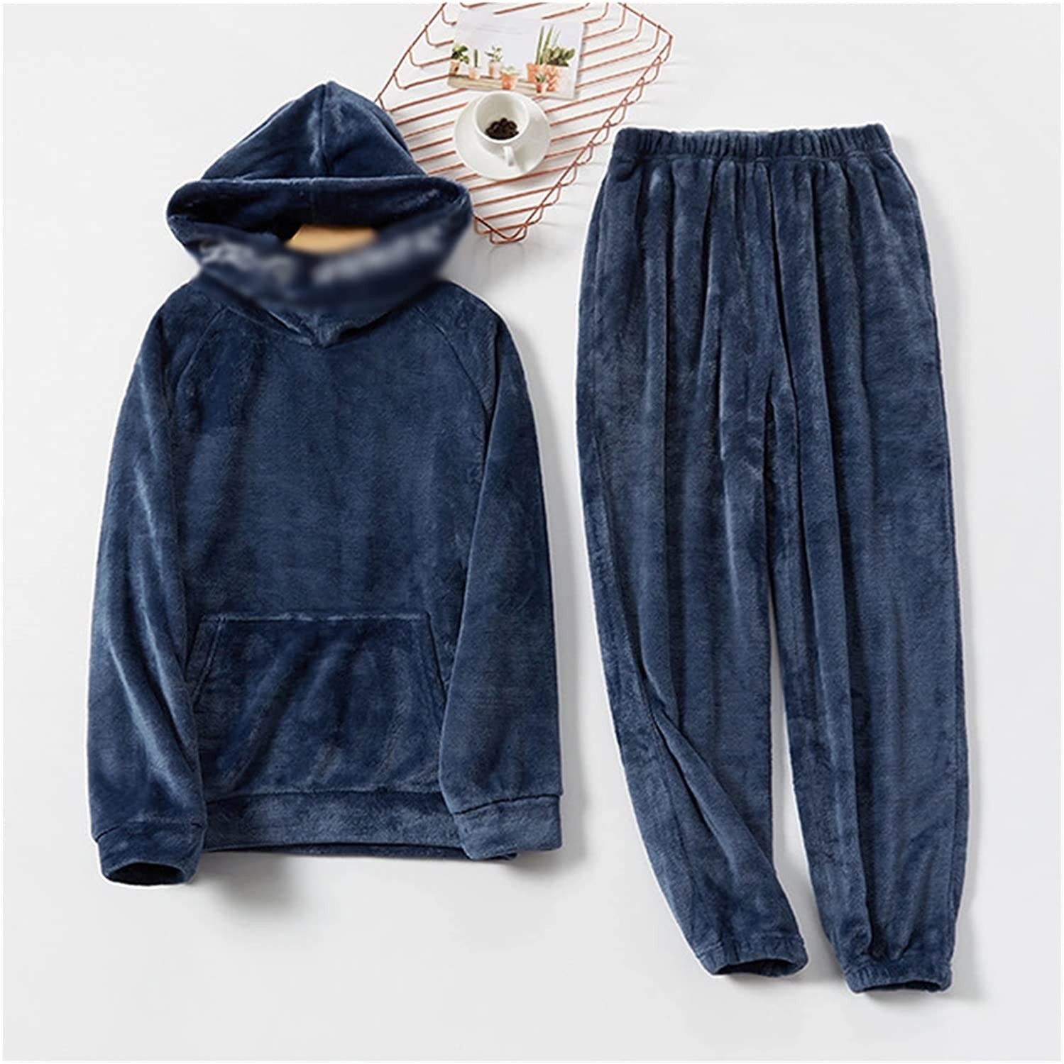 Men's Loose Pajamas Two Piece Suit Flannel Homewear Casual Hooded Winter Home Clothes Thick Plus Velvet