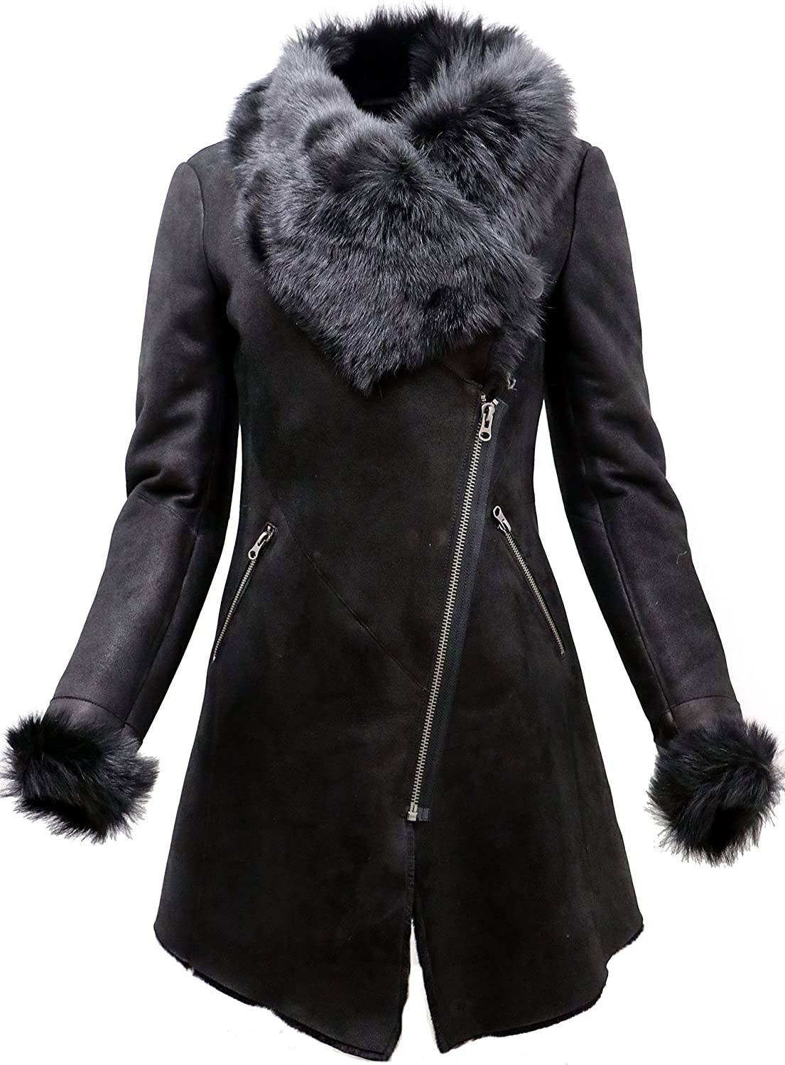 Women's Black Suede Merino Sheepskin Leather Coat With Toscana Collar