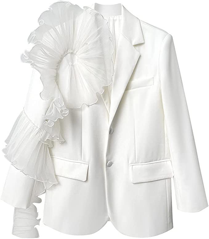 Women White Ruffles Big Size Blazer New Lapel Long Sleeve Loose Fit Jacket Fashion Tide Spring Autumn