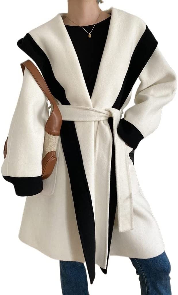WSJIE Retro Hooded Big Lapel Color Block Lace Up Coat for Women Autumn Winter Midi Long Jacket