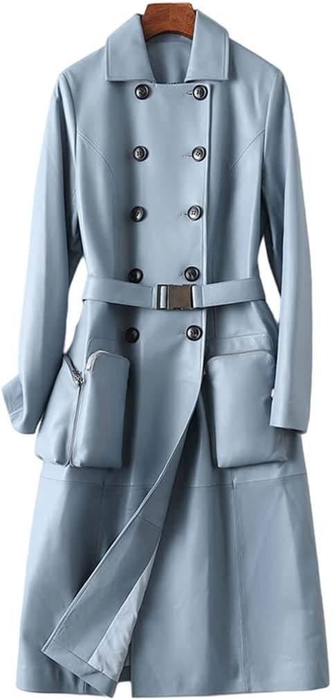 GELTDN Leather Women Jacket Blue Solid Long Pocket Design Windbreaker Winter Coat Blue