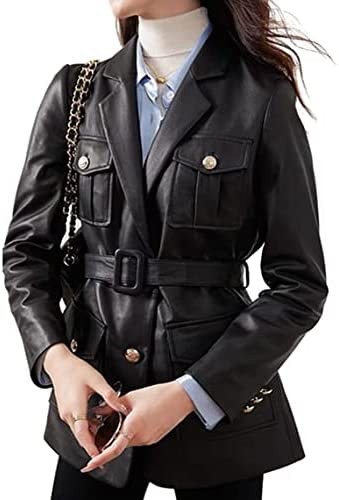 YYGBH Jacket Women's Coat Gold Buckle Belt Mid-Length Suit Collar Workwear Leather Cool Top