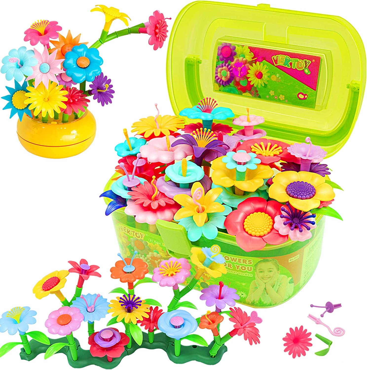 VERTOY Flower Garden Building Toy Set for 3, 4, 5, 6 Year Old Girls, STEM Educational Activity Toys and Girls Birthday Gift for Age 3  yr Toddlers and Kids, 143 pcs