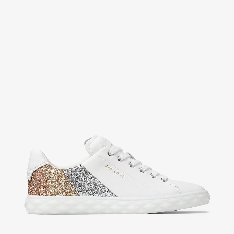 White Nappa Leather and Gold Glitter Low-Top Trainers