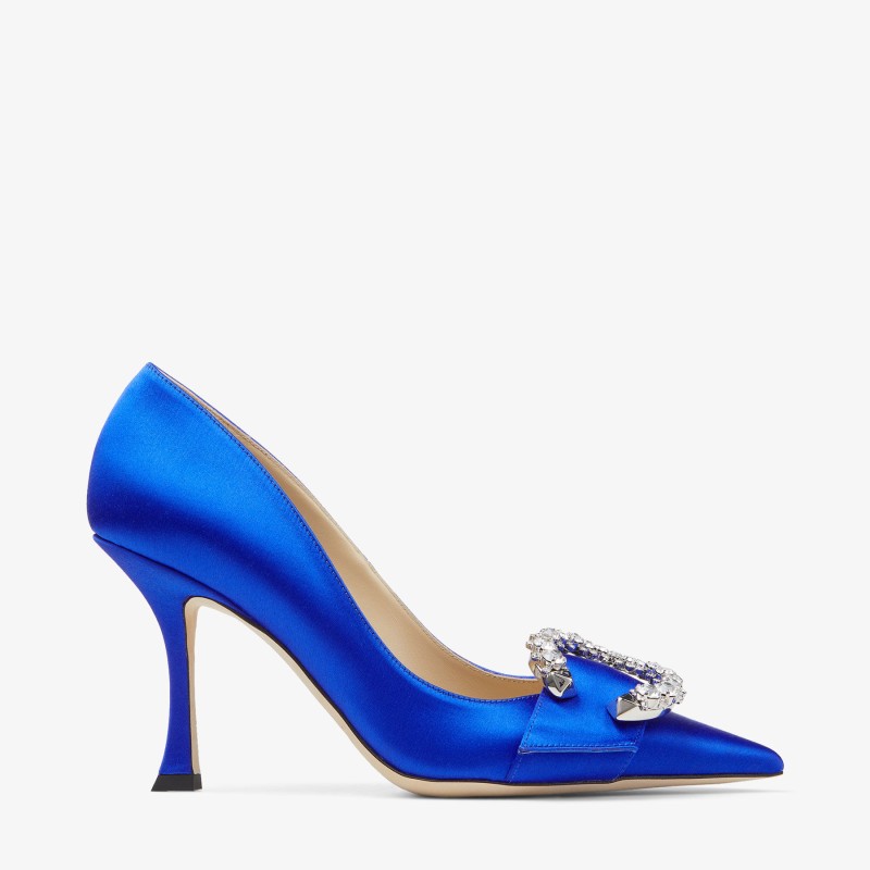 Ultraviolet Satin Pointed-Toe Pumps with Crystal Buckle