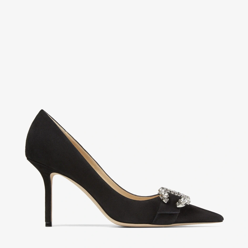Black Suede Pumps with Crystal Embellishment
