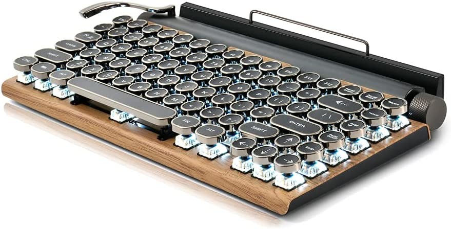 Retro Typewriter Keyboard, 7KEYS Electric Typewriter Vintage with Upgraded Mechanical Bluetooth 5.0,Multi Devices Connection Classical Wooden,Punk Round Keys for Desktop PC/Laptop Mac/Phone