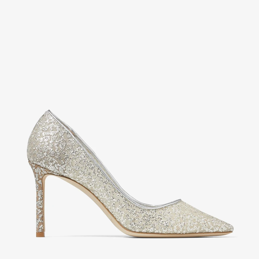 Silver Glitter Tulle and Metallic Nappa Pointy-Toe Pumps
