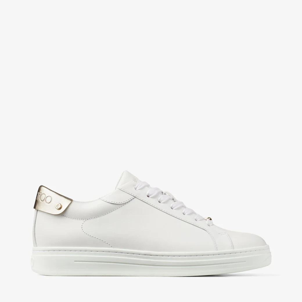 White Calf Leather and Champagne Metallic Nappa Low Top Trainers