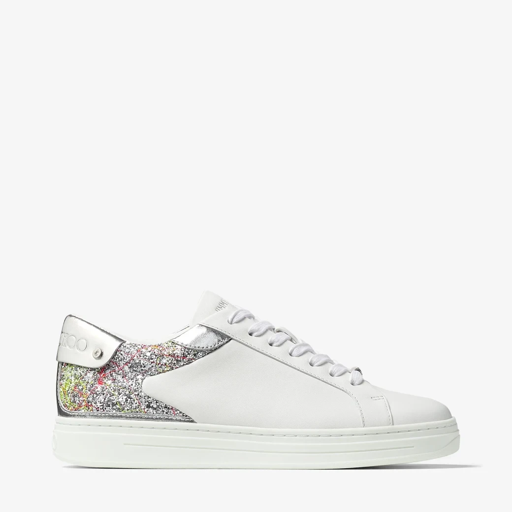 White Leather and Glitter Fabric Low Top Trainers